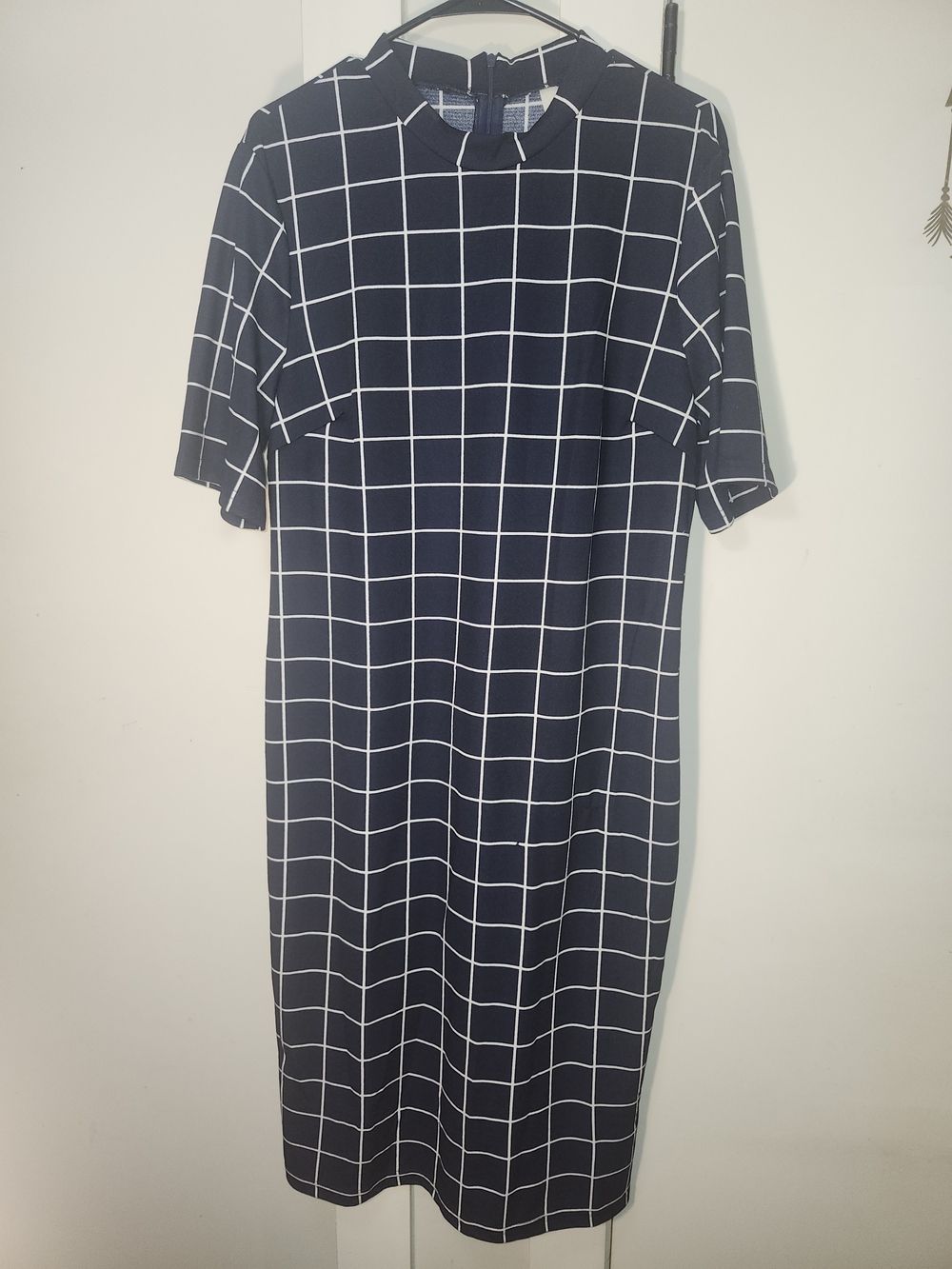 Structured Navy Grid Midi Dress with Short Sleeves